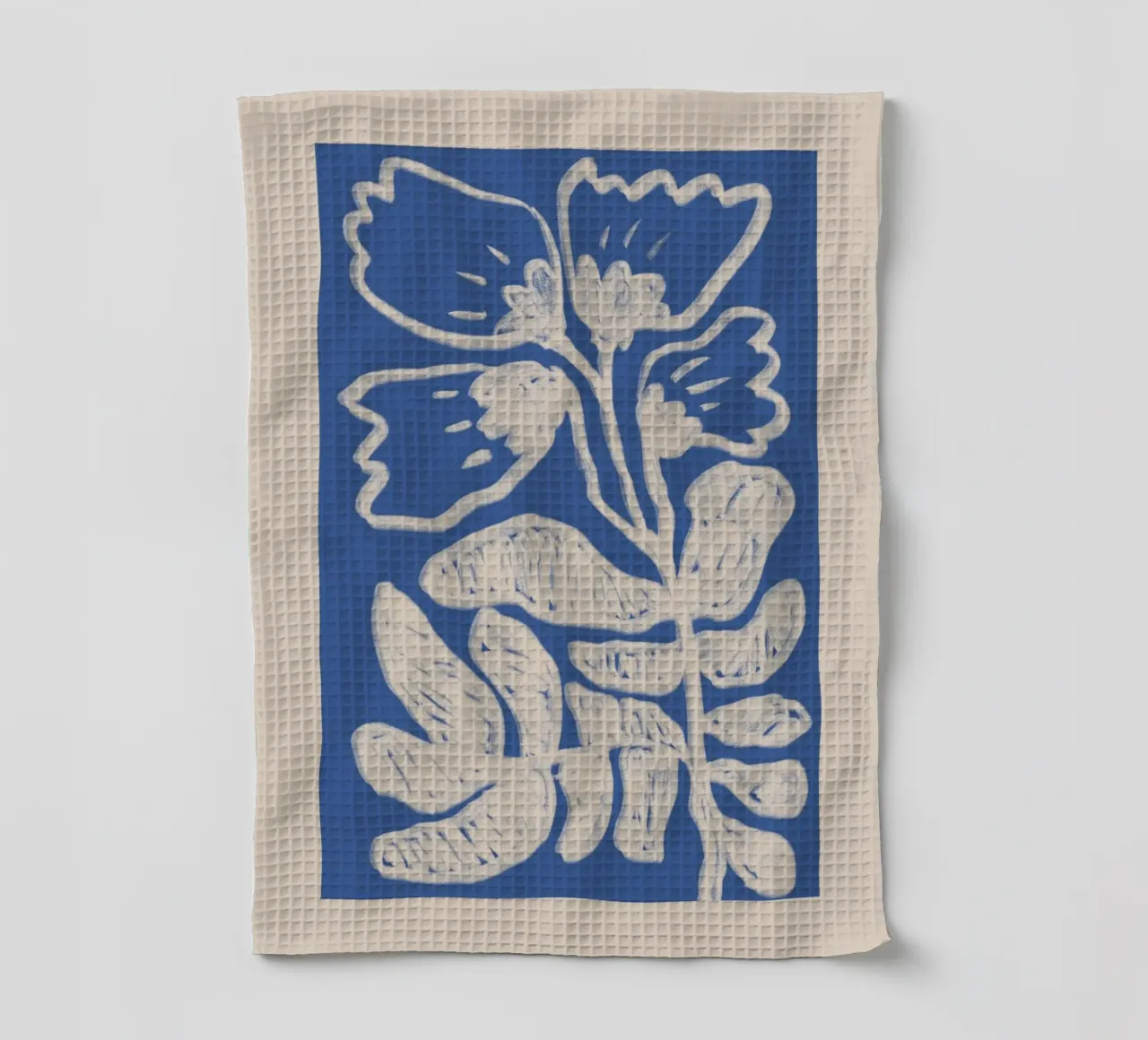 Blu astratto floreale botanico su beige canovaccio da cucina da Melloi Art Print
