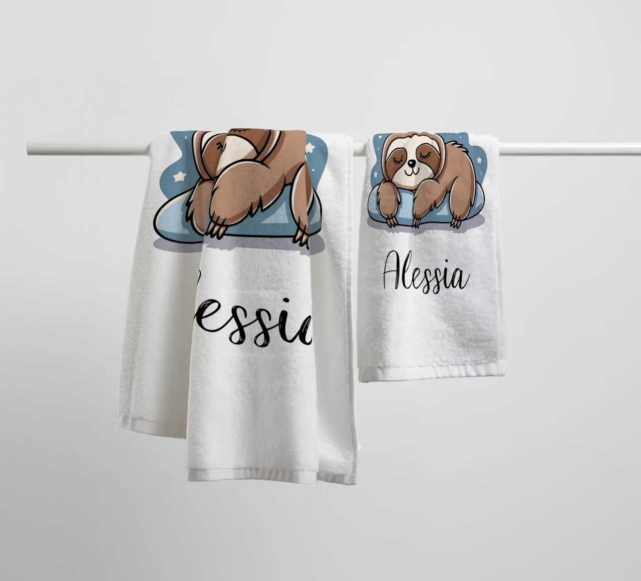 Sleeping sloth personalisable name towel by SlothStella
