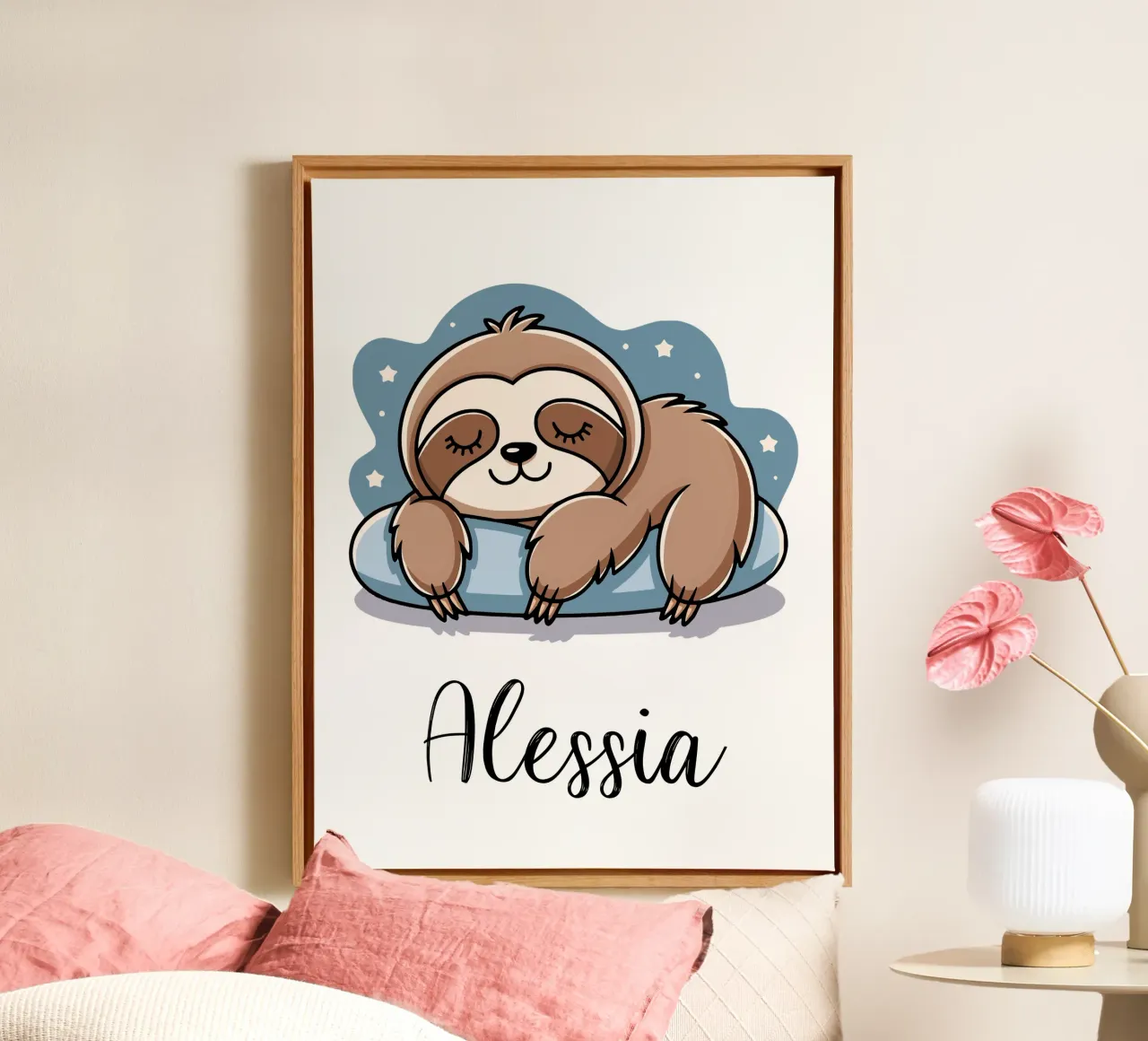 Sleeping sloth personalisable name canvas with Floater frame by SlothStella
