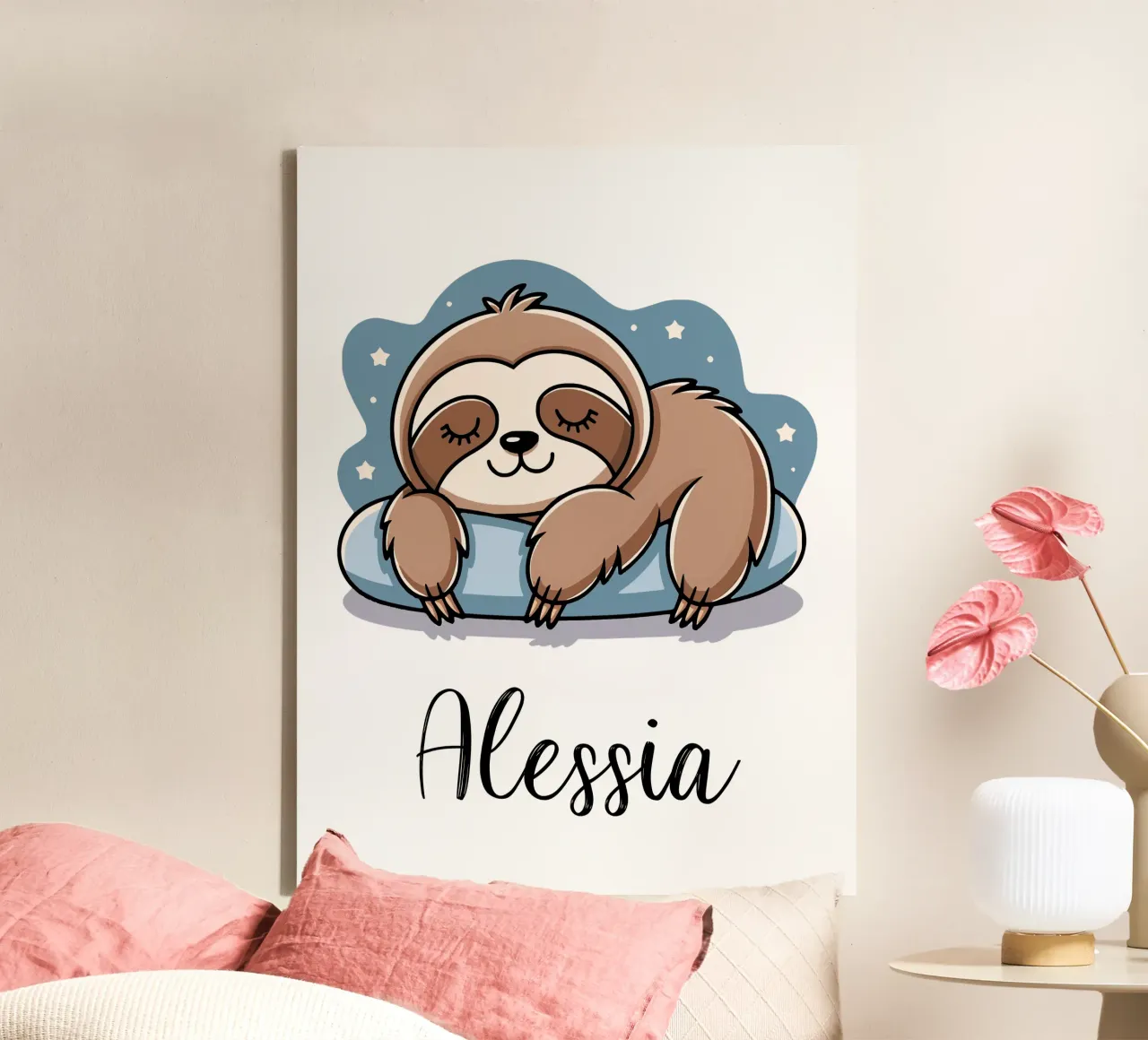 Sleeping sloth personalisable name canvas with Floater frame by SlothStella