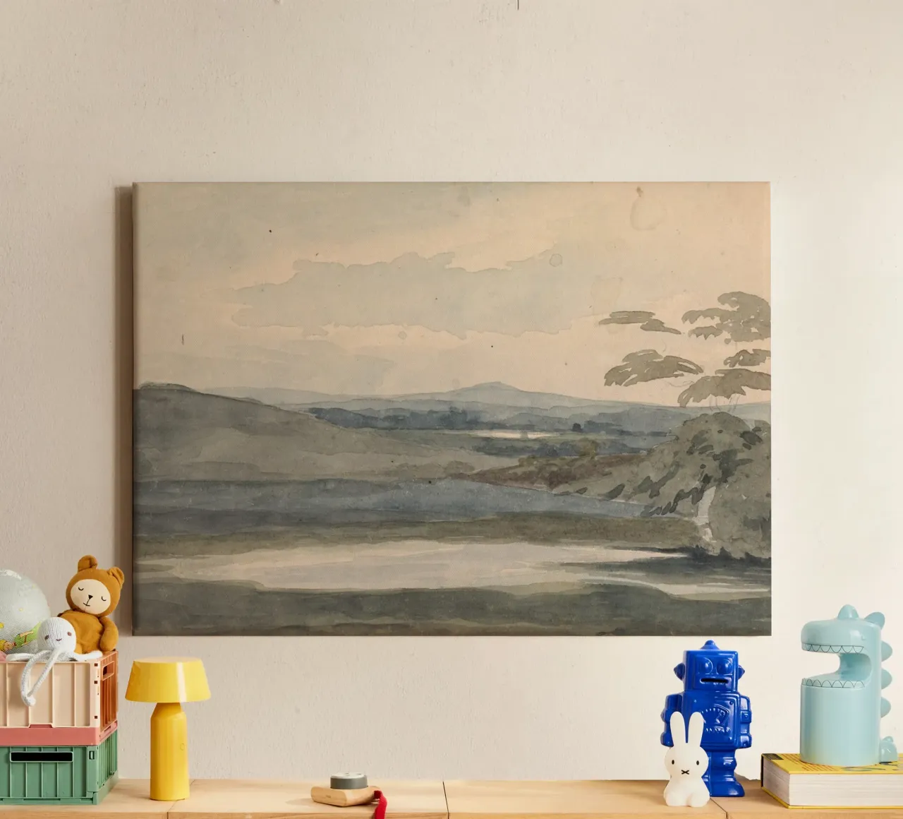Gelaagd landschap: wazige heuvels, subtiele tonalistische kunst canvas met Baklijst van ClubArt