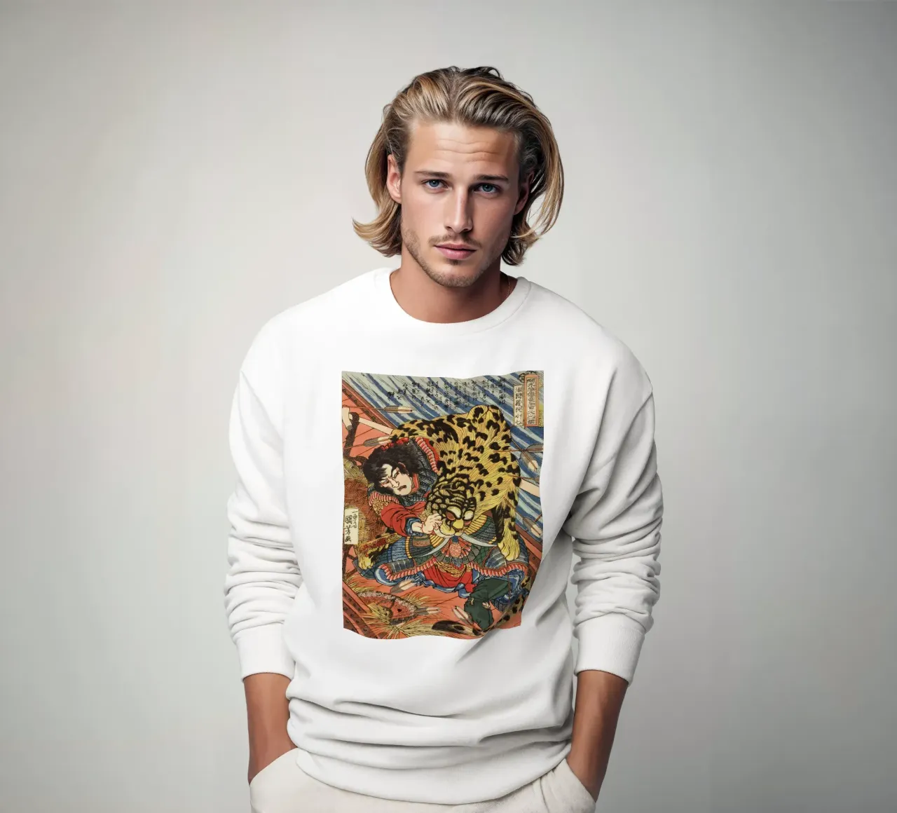 Samurai Fighting Leopard - Antique Japanese Woodcut Ukiyo-e sweatshirt by Masterpieces Of Japanese Art
