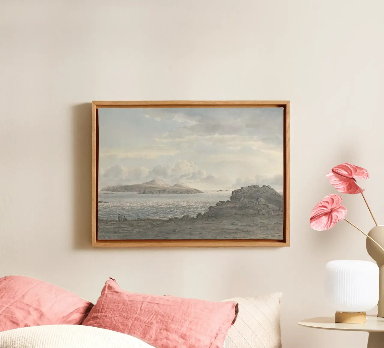 Uitzicht op het eiland: Rotsachtige kustlijn, weids zeegezicht Kunst canvas met Baklijst van ClubArt