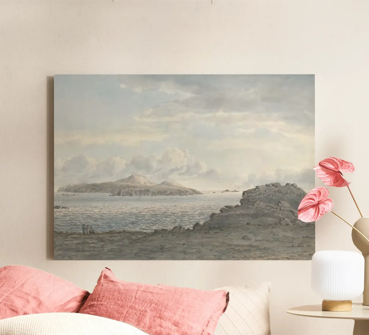 Uitzicht op het eiland: Rotsachtige kustlijn, weids zeegezicht Kunst canvas met Baklijst van ClubArt