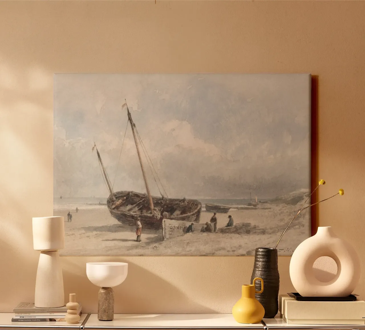 Gestrande vissersboot: Kustgezicht, Vintage Zeegezicht Kunst canvas met Baklijst van ClubArt