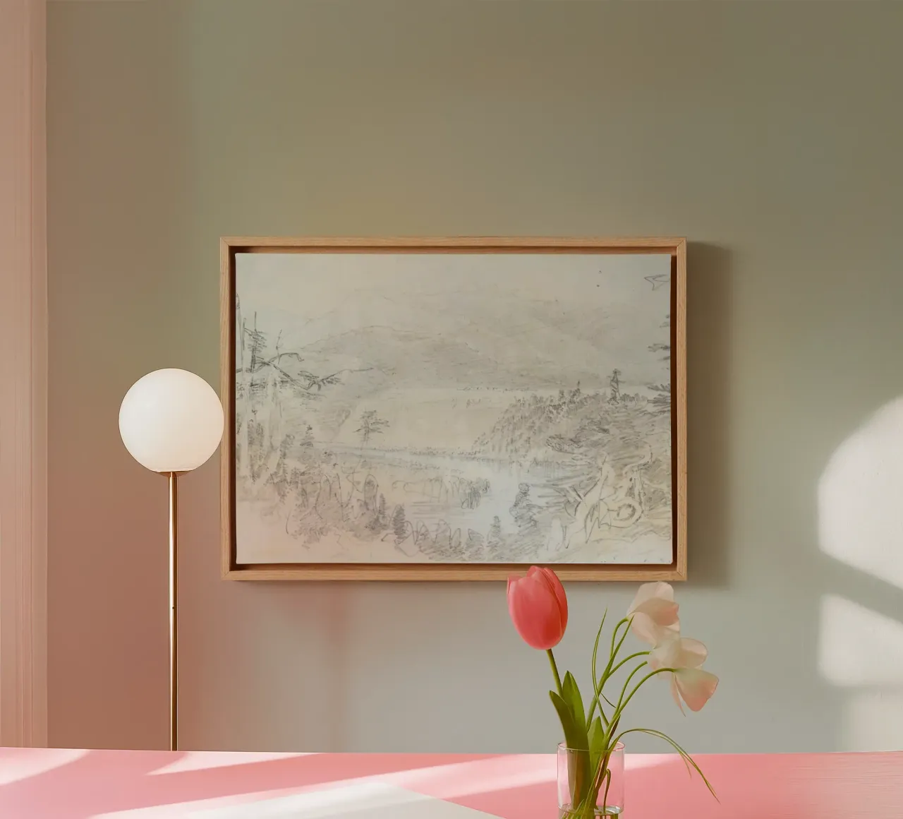 Bergvallei: Expressieve schets, landschap in de wildernis canvas met Baklijst van ClubArt