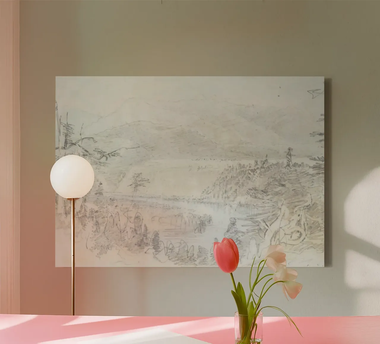 Bergvallei: Expressieve schets, landschap in de wildernis canvas met Baklijst van ClubArt