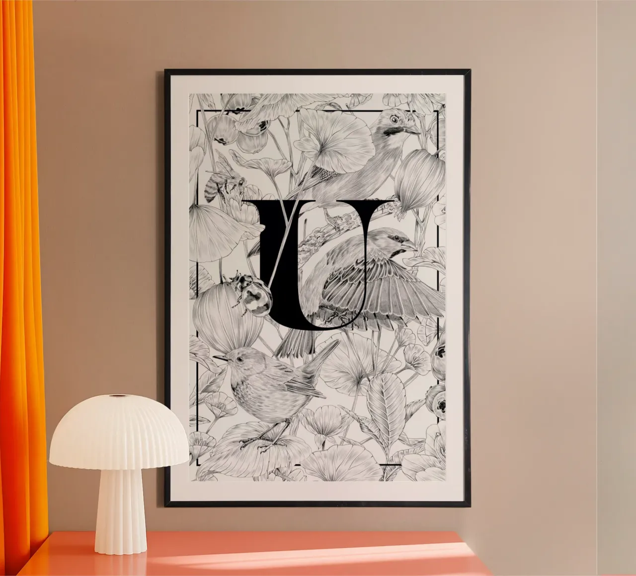Floral Alphabet U poster con telaio in plastica da Faunesque