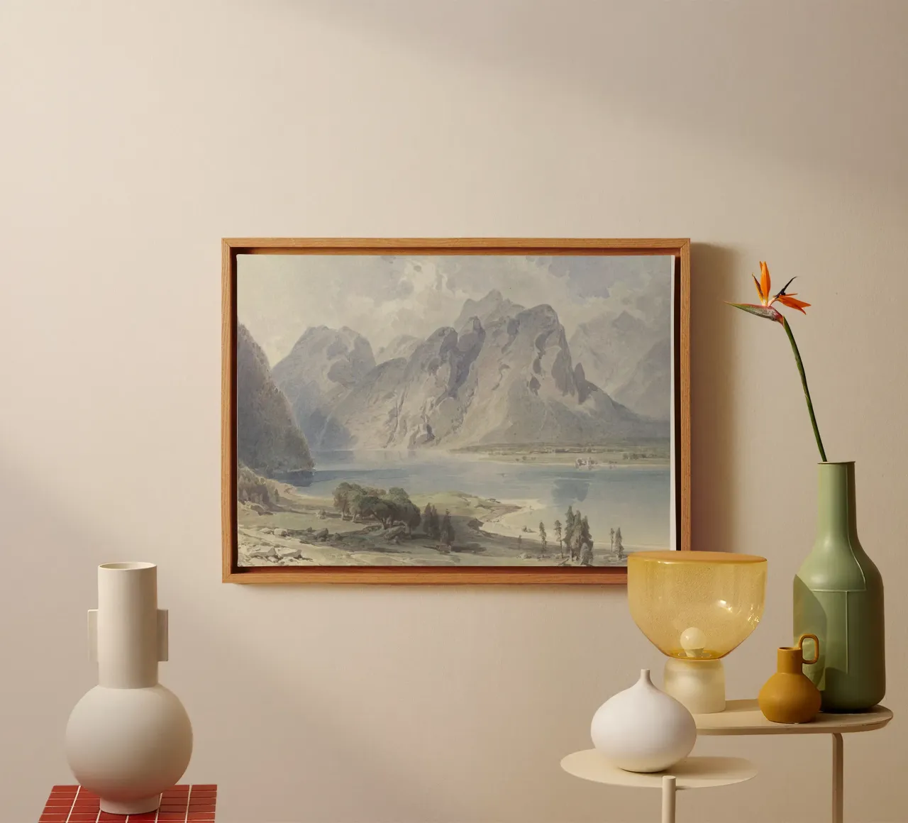 Alpenmeer: Majestueus berglandschap, sereen uitzicht canvas met Baklijst van ClubArt