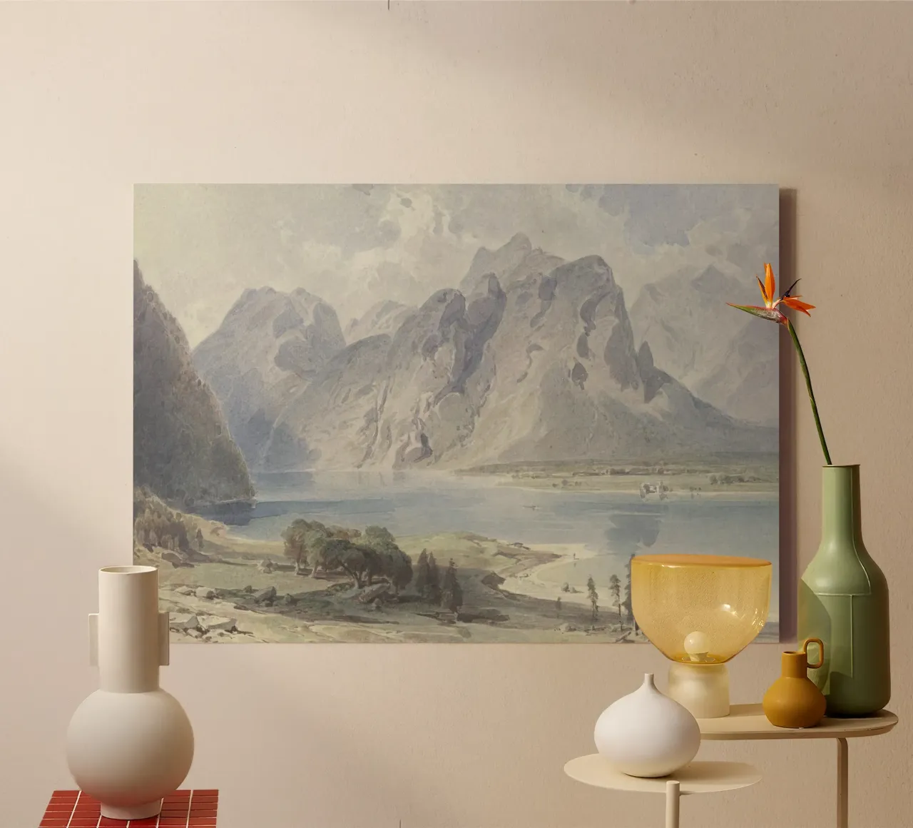 Alpenmeer: Majestueus berglandschap, sereen uitzicht canvas met Baklijst van ClubArt