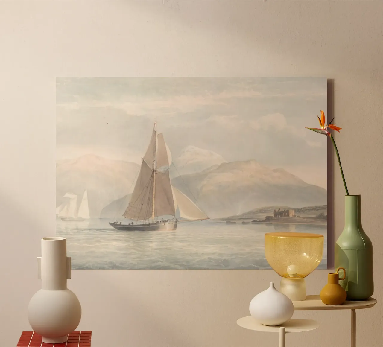 Schots Loch: Zeilboot & Kasteel, Hooglandlandschap canvas met Baklijst van ClubArt