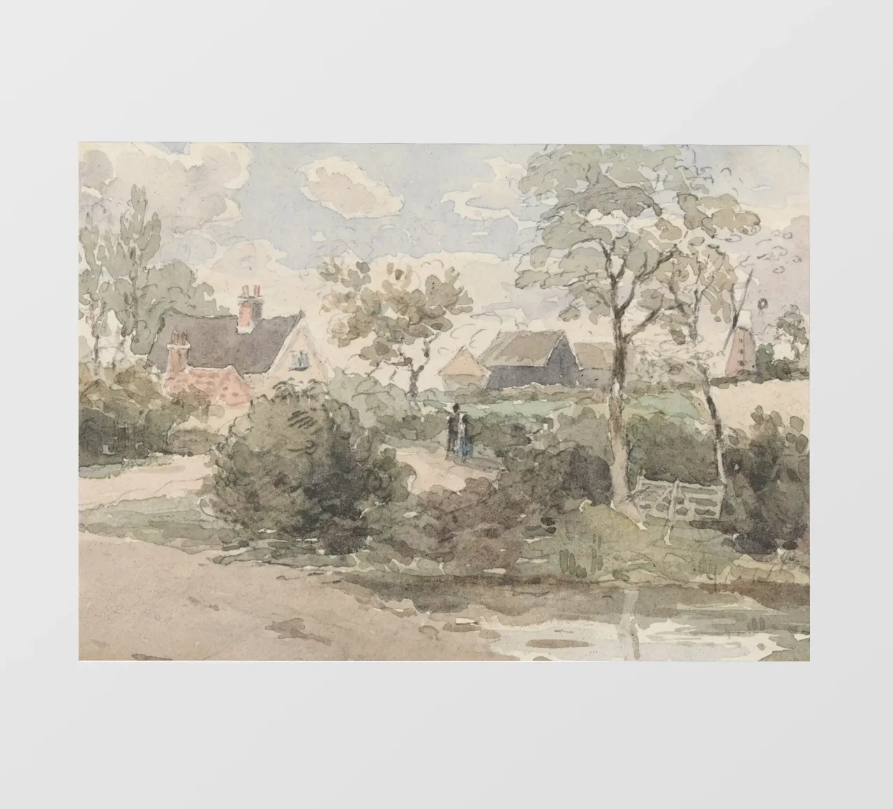 Villaggio inglese: Paesaggio rustico, mulino a vento e figure pellicola backlit da ClubArt