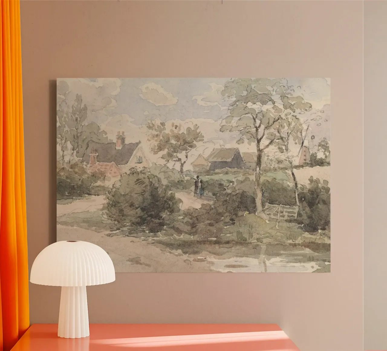 Engels dorp: Rustiek landschap, windmolen & figuren canvas van ClubArt