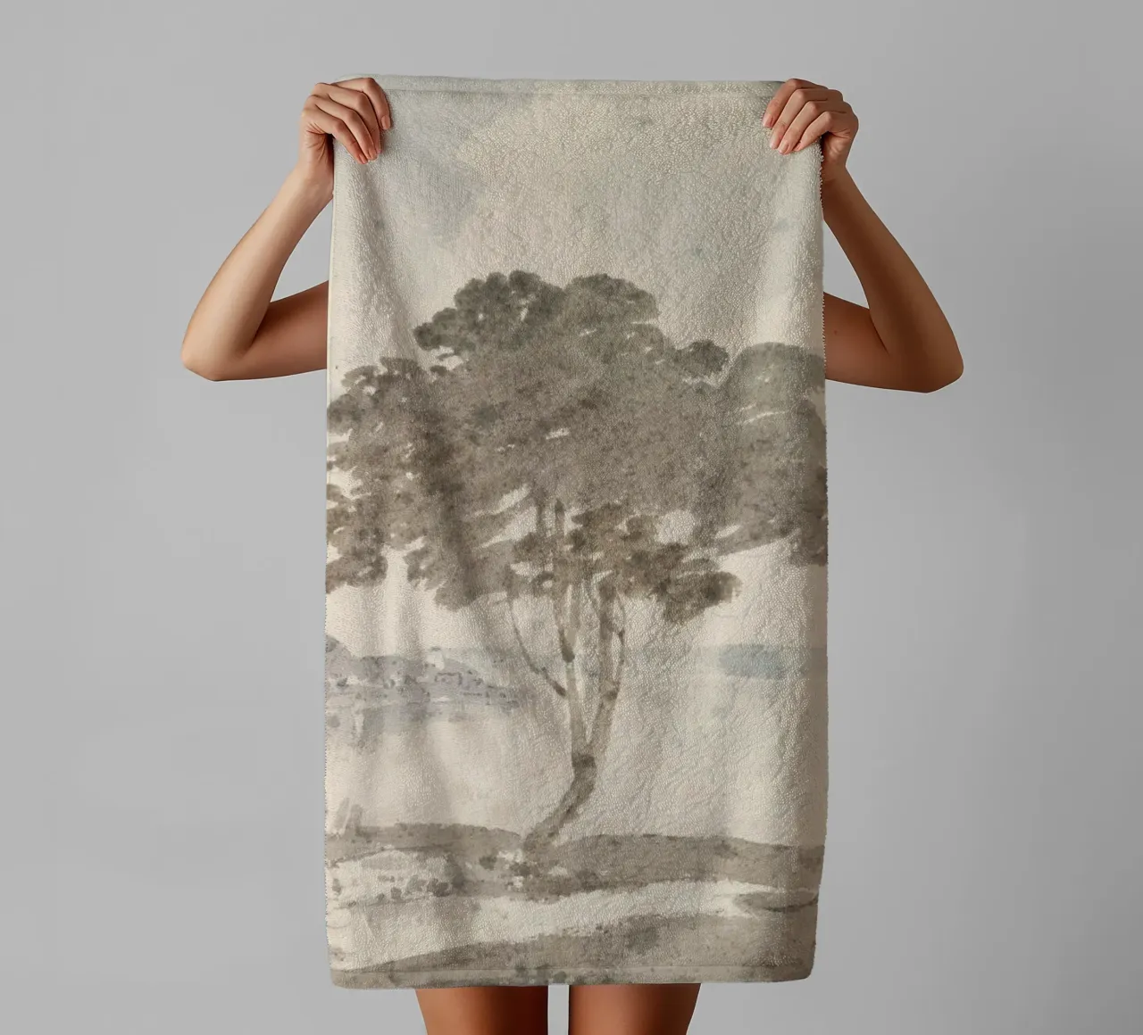 Lakeside Solitude: Lone Tree & Cottage, Rustic Art towel by ClubArt