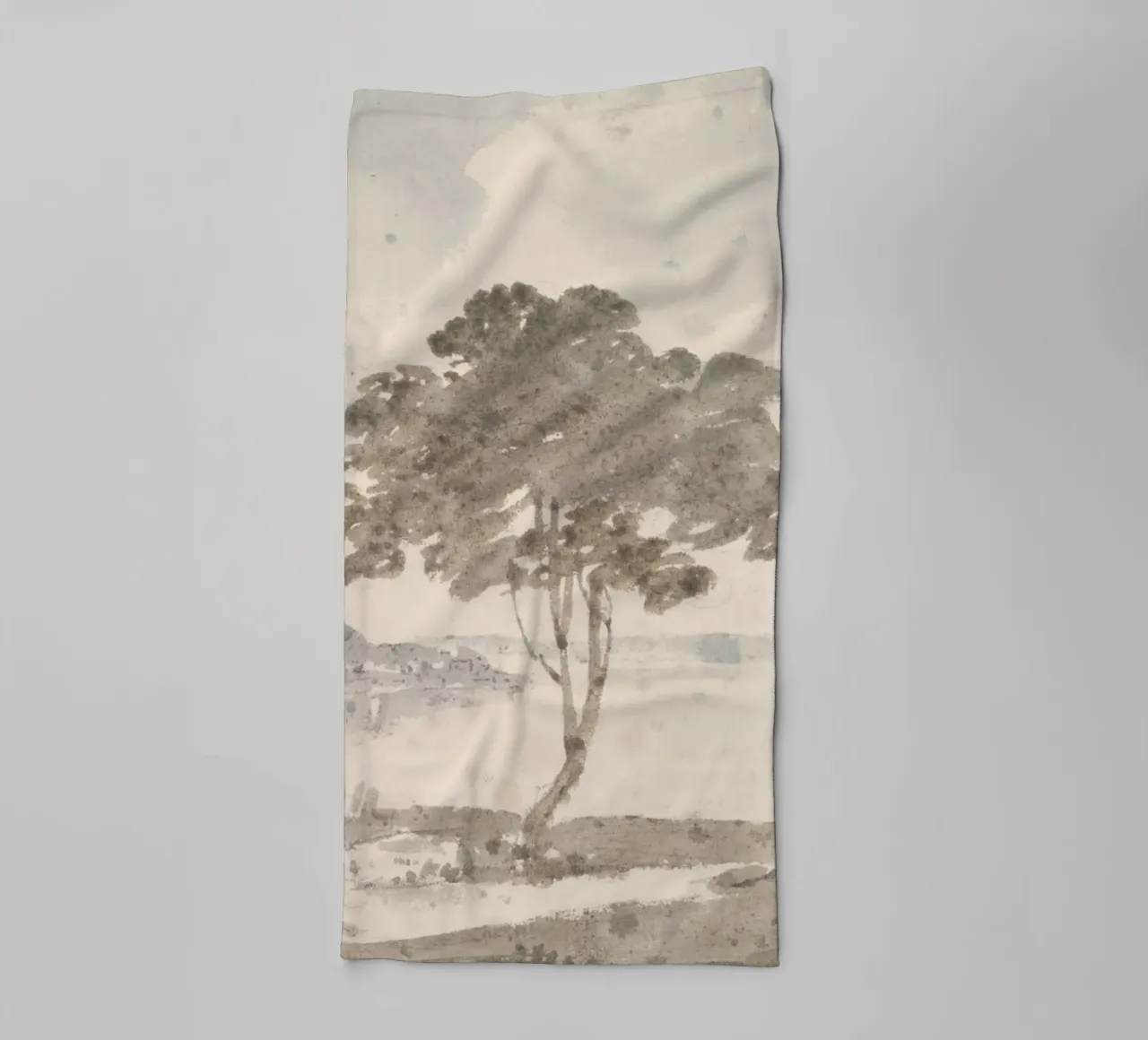 Lakeside Solitude: Lone Tree & Cottage, Rustic Art towel by ClubArt