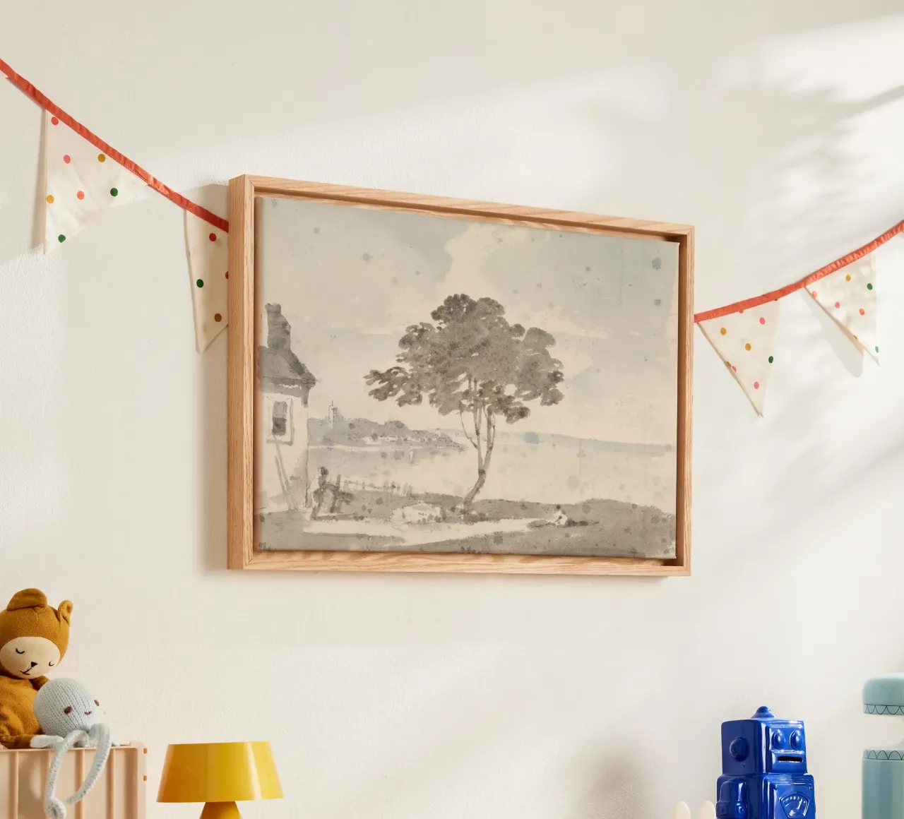 Lakeside Solitude: Lone Tree & Cottage, Rustic Art canvas with Floater frame by ClubArt