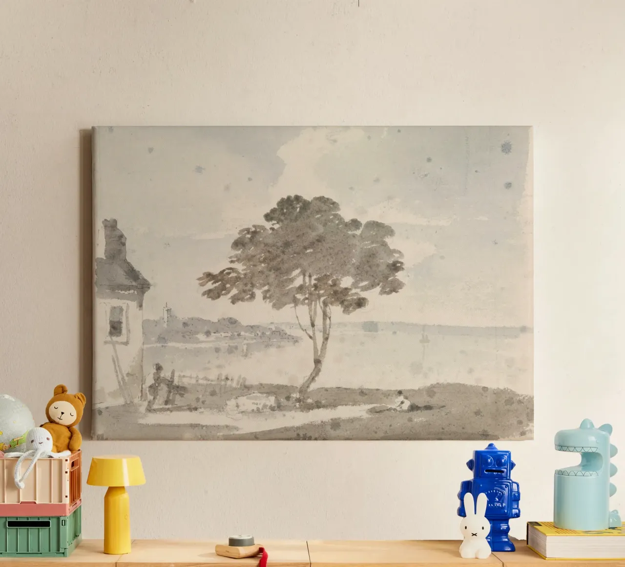 Lakeside Solitude: Lone Tree & Cottage, Rustic Art canvas with Floater frame by ClubArt