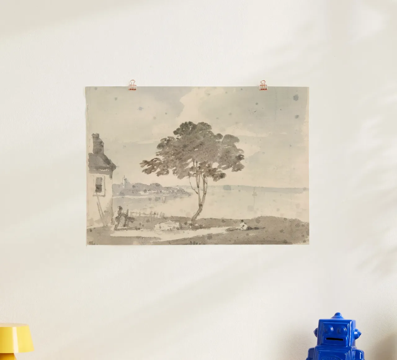 Lakeside Solitude: Lone Tree & Cottage, Rustic Art poster by ClubArt