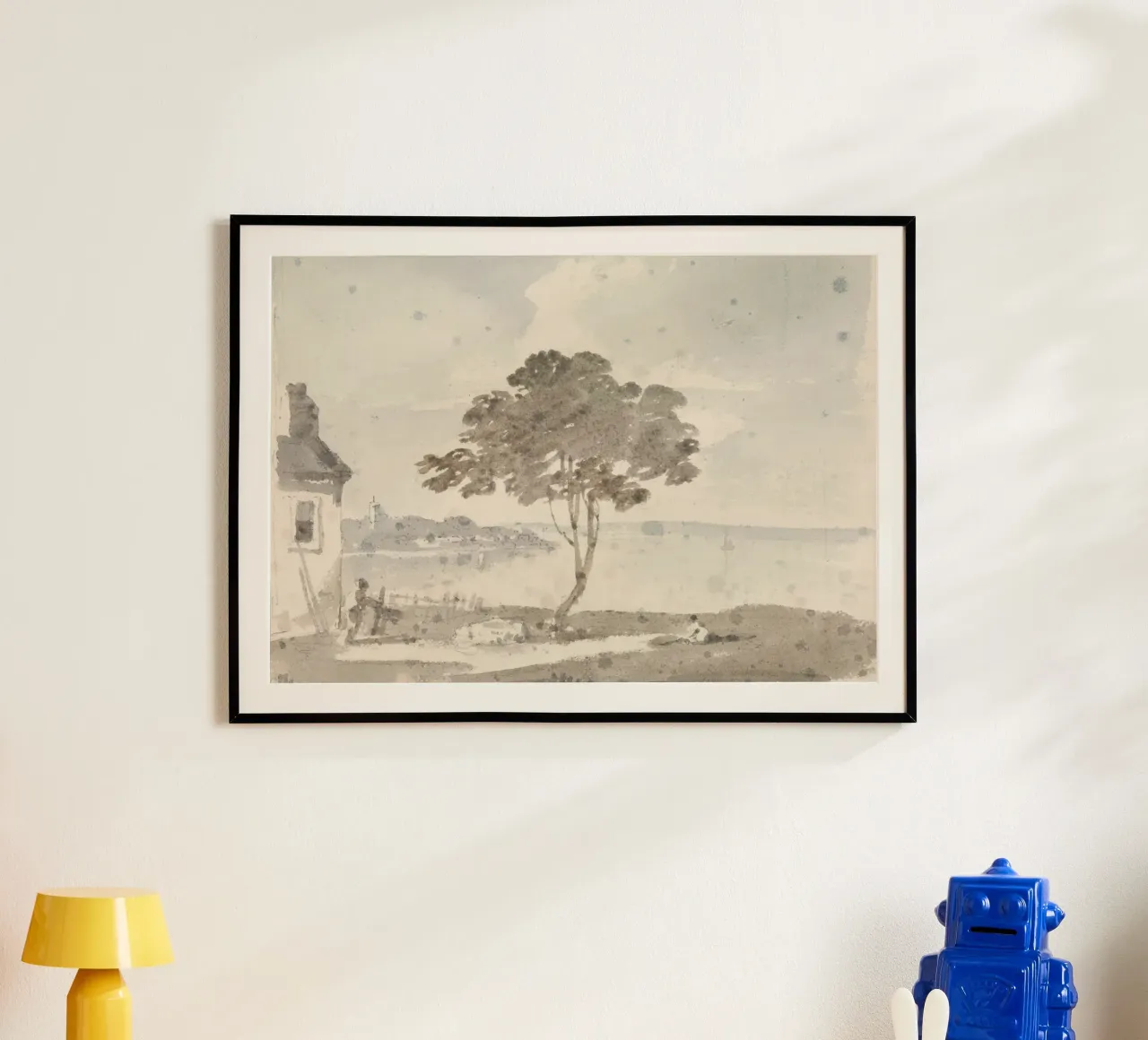 Lakeside Solitude: Lone Tree & Cottage, Rustic Art poster by ClubArt