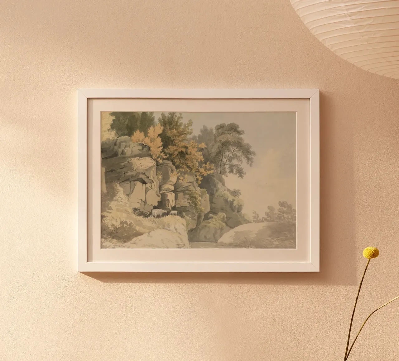 Gola rocciosa: bestiame e alberi d'autunno, arte naturalistica d'epoca poster con telaio in plastica da ClubArt