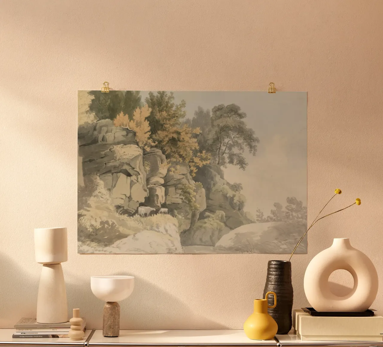 Gola rocciosa: bestiame e alberi d'autunno, arte naturalistica d'epoca poster con telaio in plastica da ClubArt