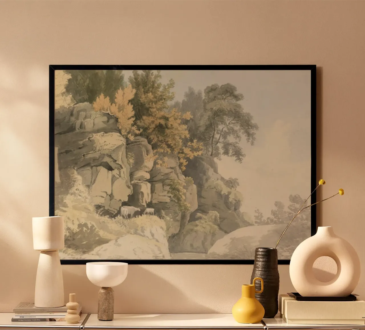 Gola rocciosa: bestiame e alberi d'autunno, arte naturalistica d'epoca poster con telaio in plastica da ClubArt