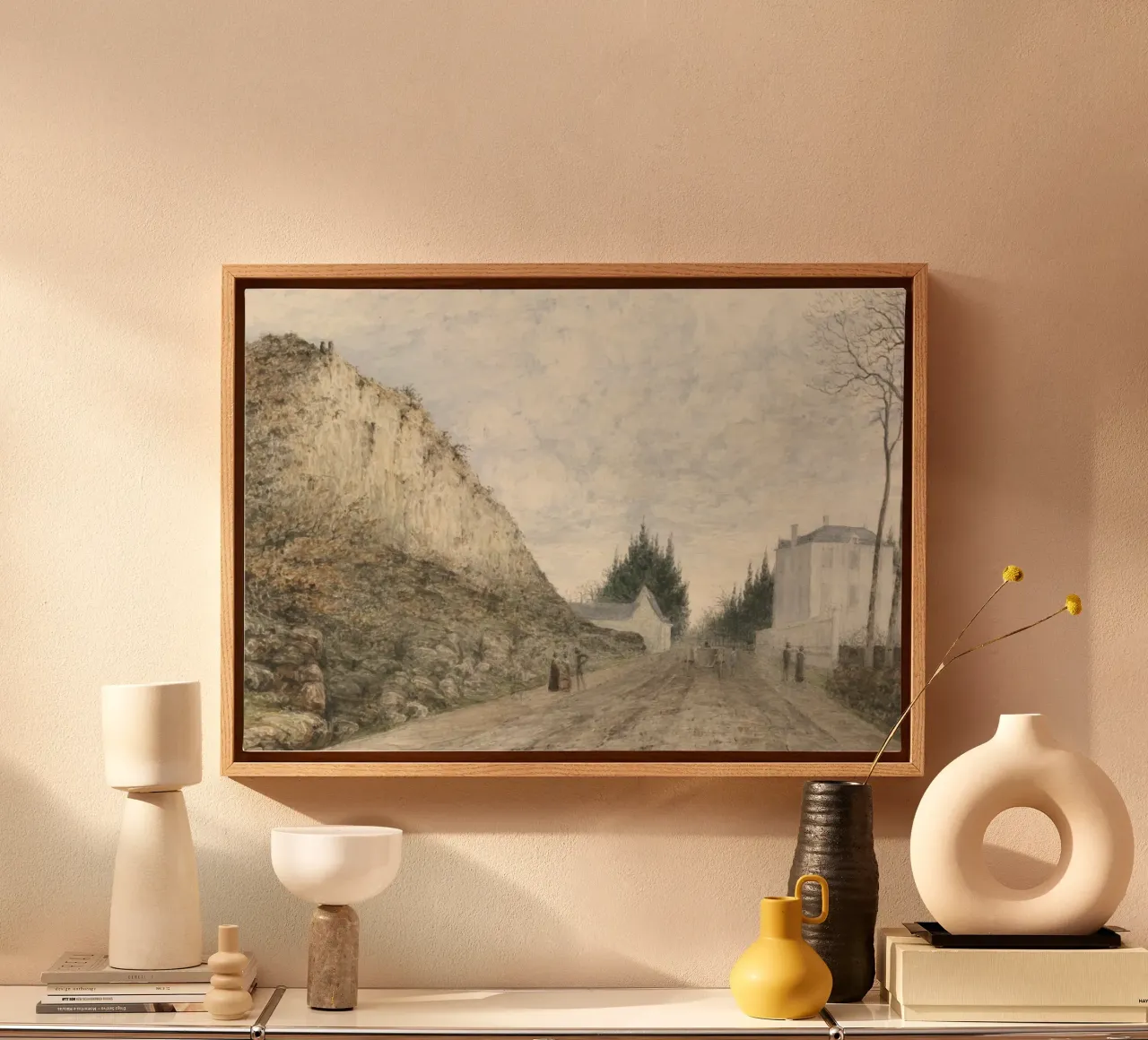 Strada di campagna francese: Villaggio di Cliffside, paesaggio d'epoca tela con Cornice a cassetta da ClubArt