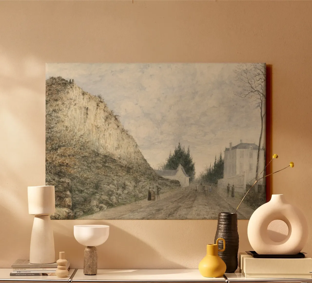 Strada di campagna francese: Villaggio di Cliffside, paesaggio d'epoca tela con Cornice a cassetta da ClubArt