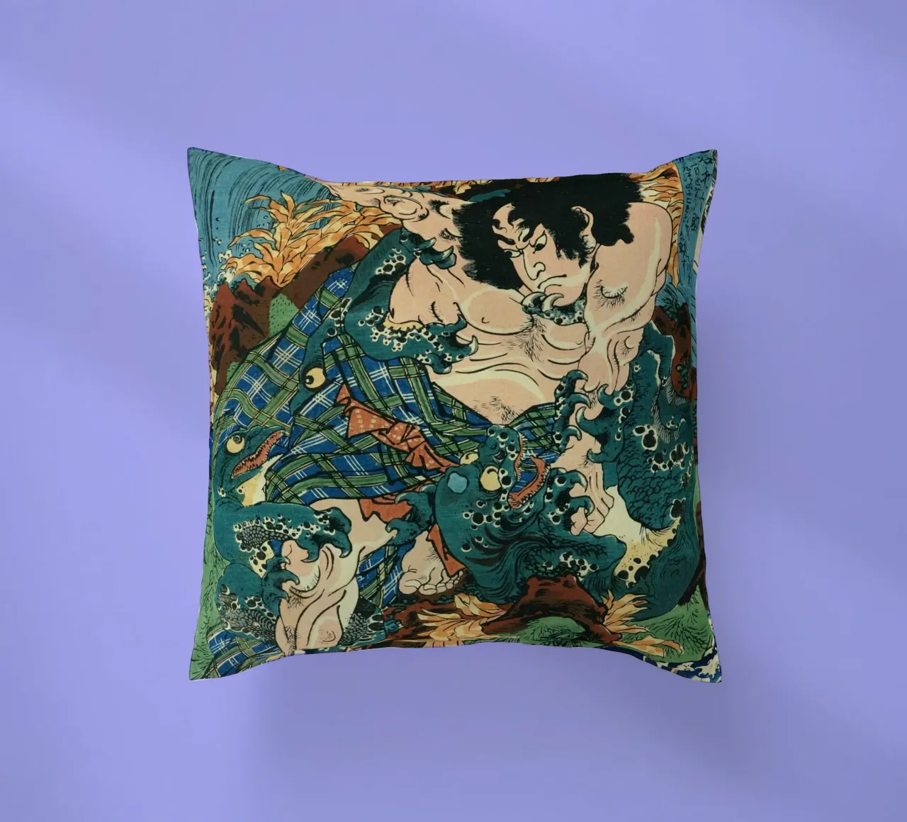 Samurai Fighting River Monsters - Japanese Ukiyo-e Woodblock cuscino da Masterpieces Of Japanese Art