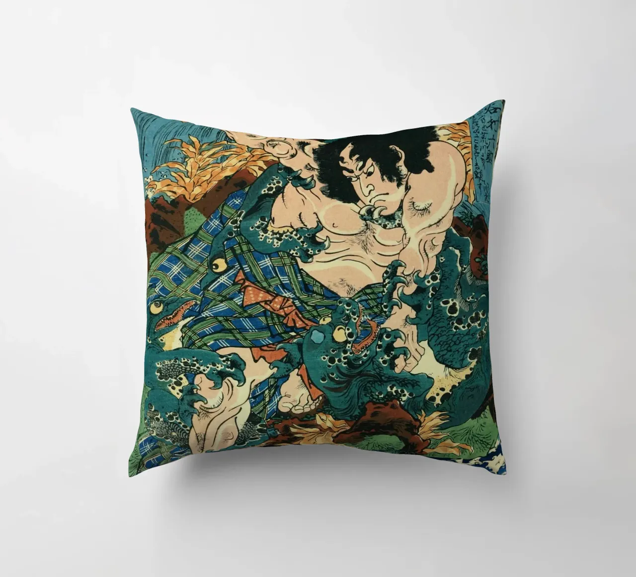 Samurai Fighting River Monsters - Japanese Ukiyo-e Woodblock cuscino da Masterpieces Of Japanese Art