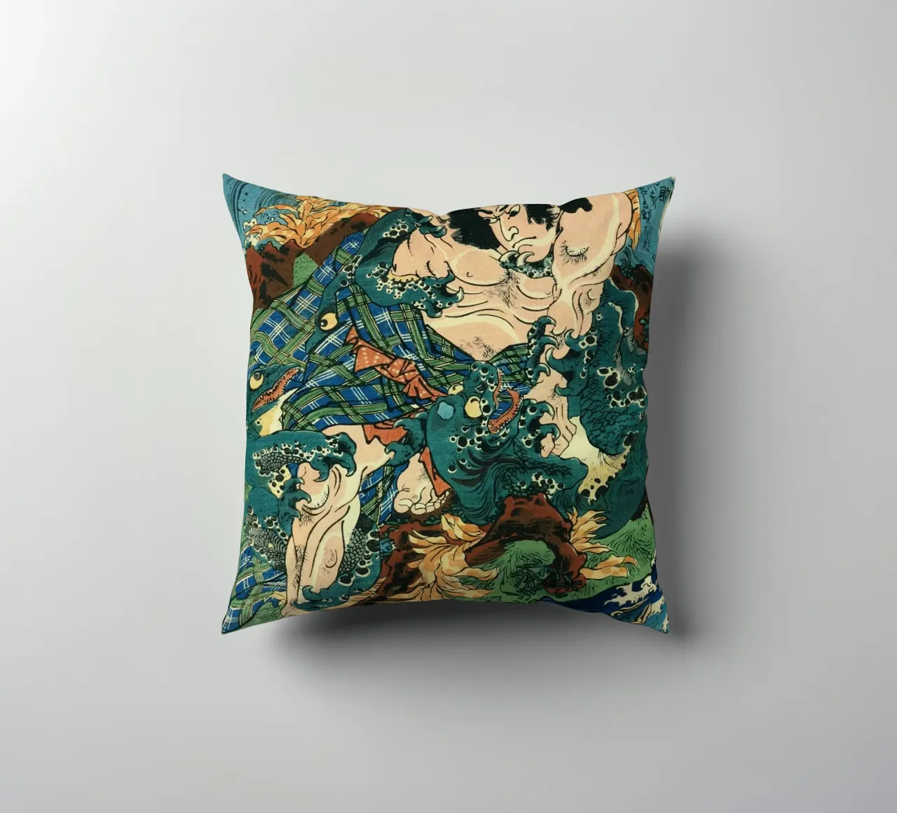 Samurai Fighting River Monsters - Japanese Ukiyo-e Woodblock cuscino da Masterpieces Of Japanese Art