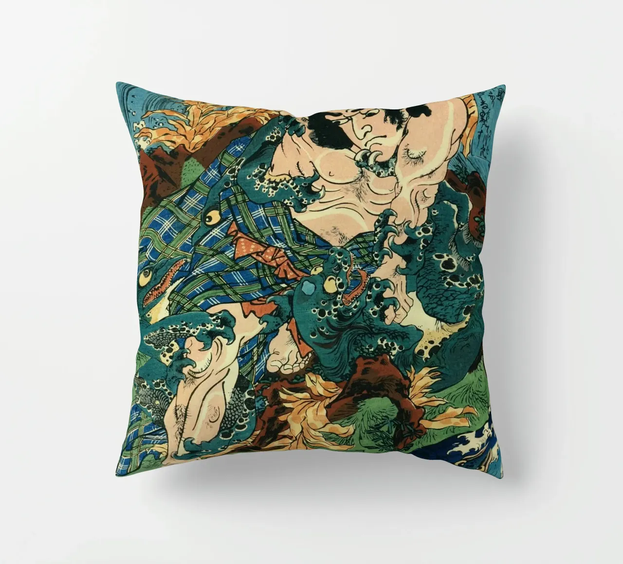 Samurai Fighting River Monsters - Japanese Ukiyo-e Woodblock cuscino da Masterpieces Of Japanese Art