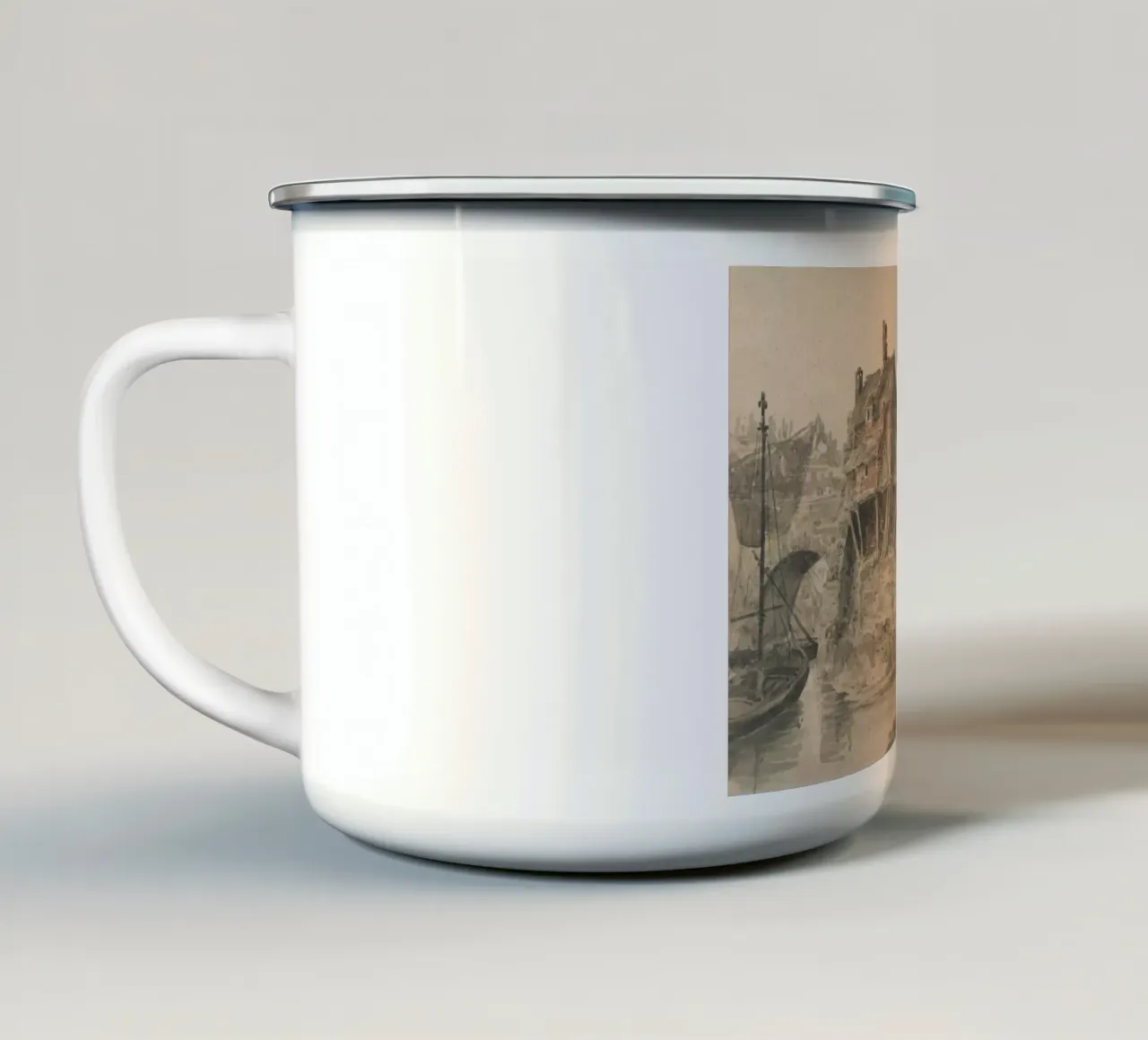 Old Bridge House: Riverside Village, Vintage landschap emaille mok van ClubArt