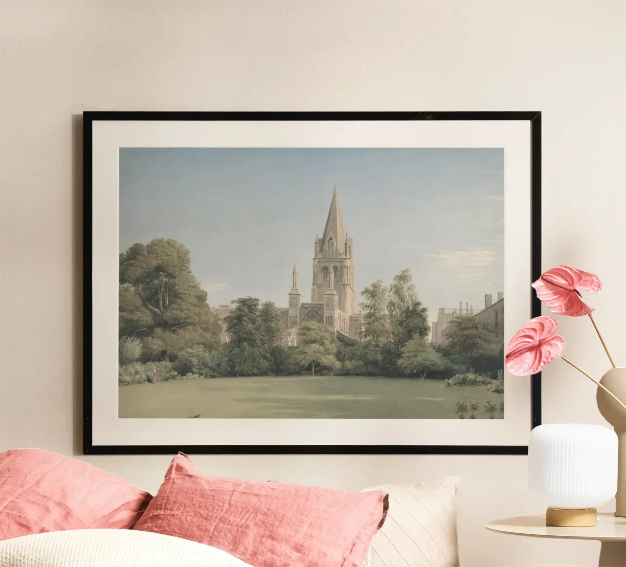 Cattedrale gotica: Collegio inglese, paesaggio storico poster con telaio in legno da ClubArt