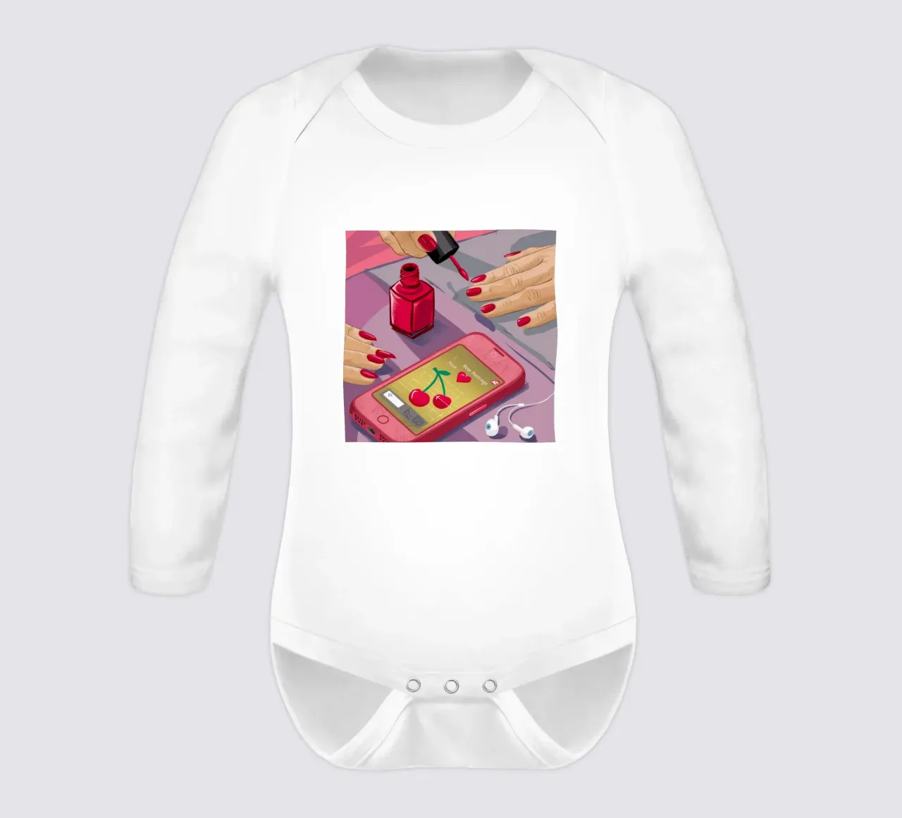 Cherry Phone Manicure long-sleeve baby romper by Haven Fantasy