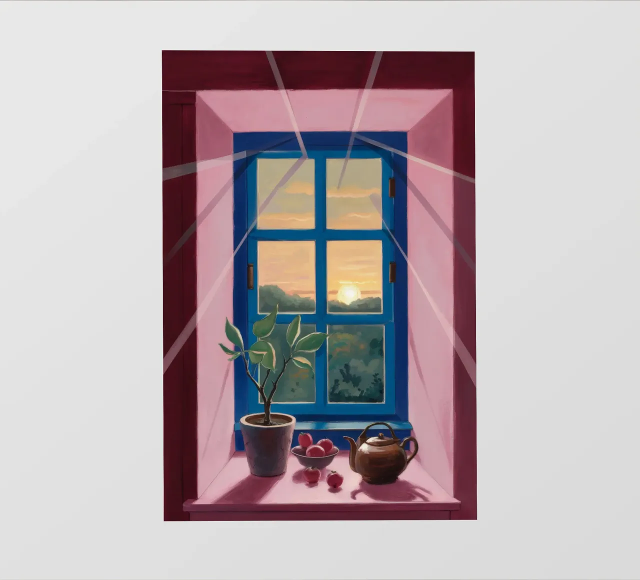 Zonsondergang Venster Thee fotobehang van Pan Denim