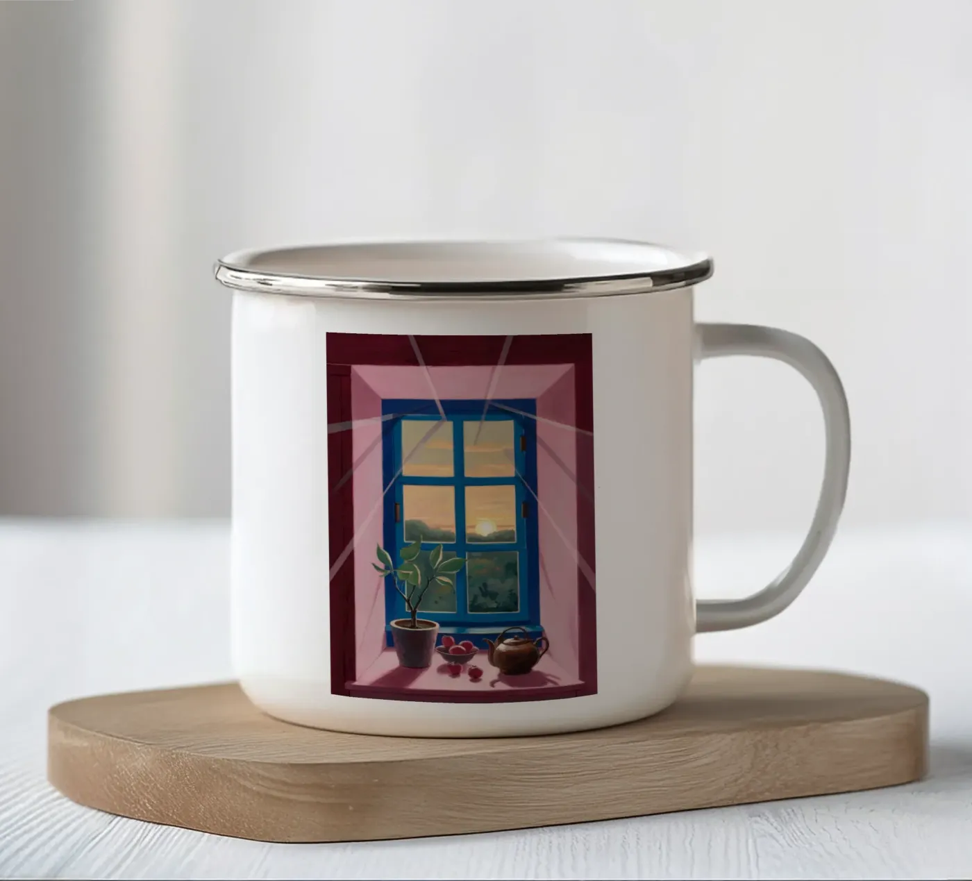 Sunset Window Tea enamel mug by Pan Denim