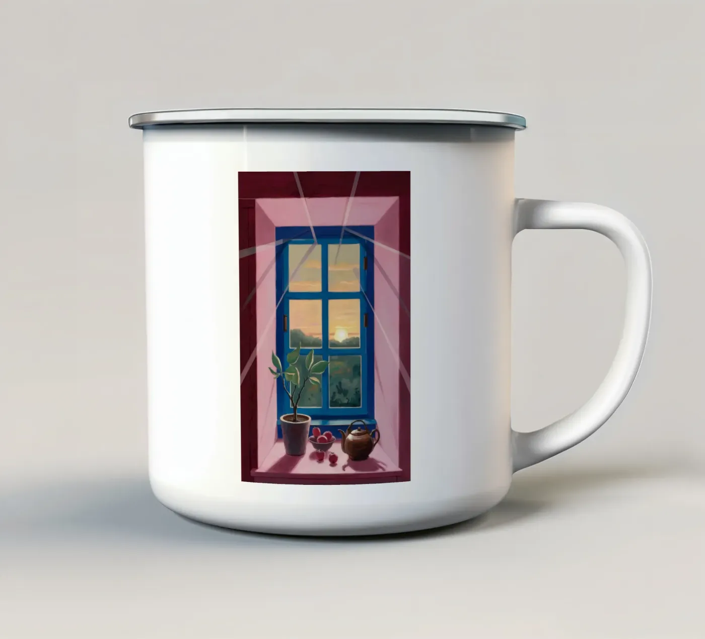 Sunset Window Tea enamel mug by Pan Denim