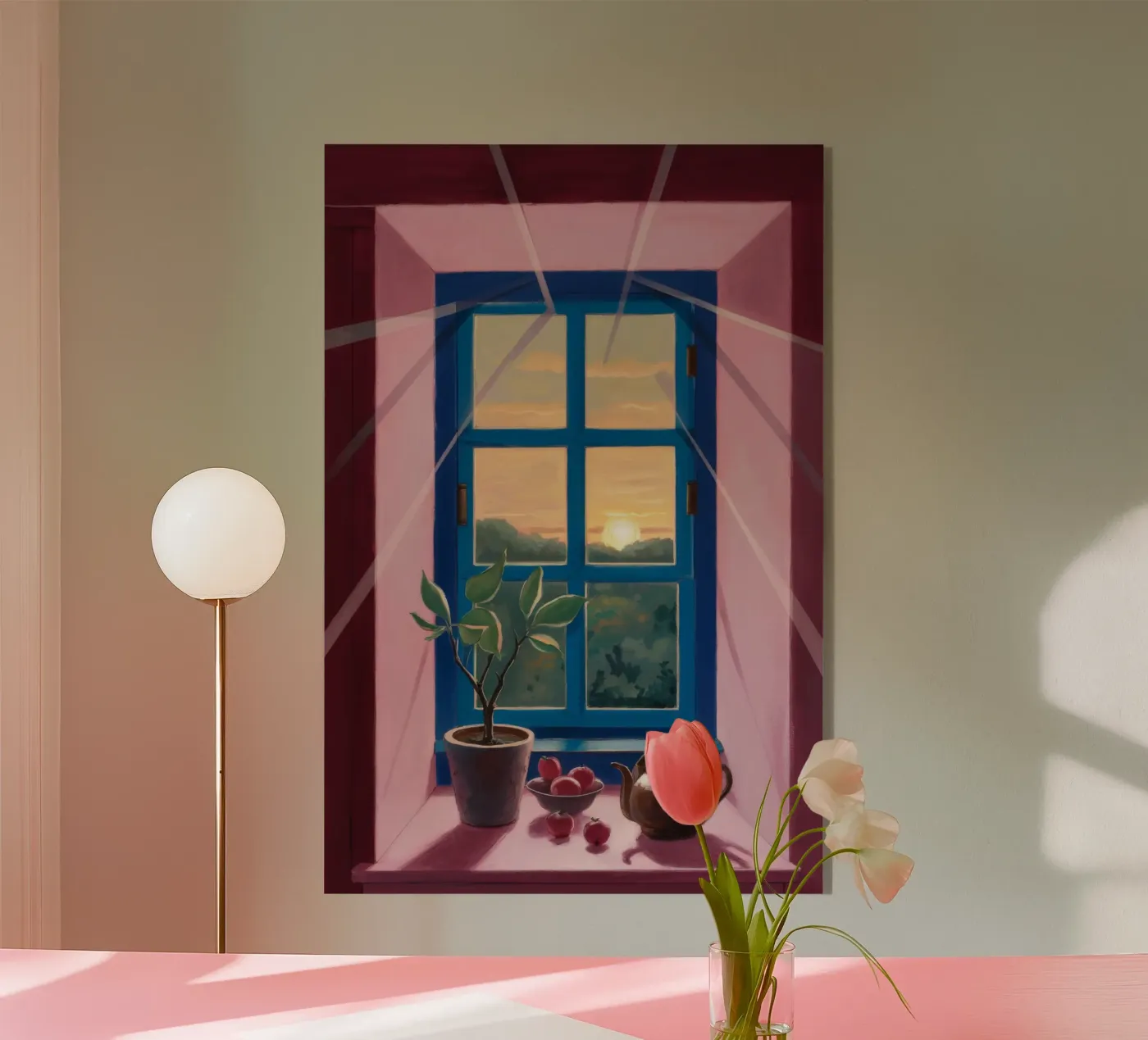 Zonsondergang Venster Thee acryl van Pan Denim