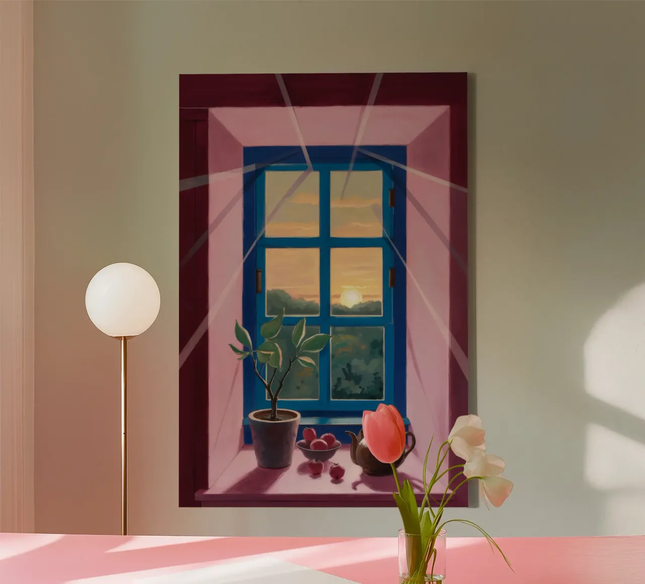 Tè alla finestra al tramonto tela da Pan Denim