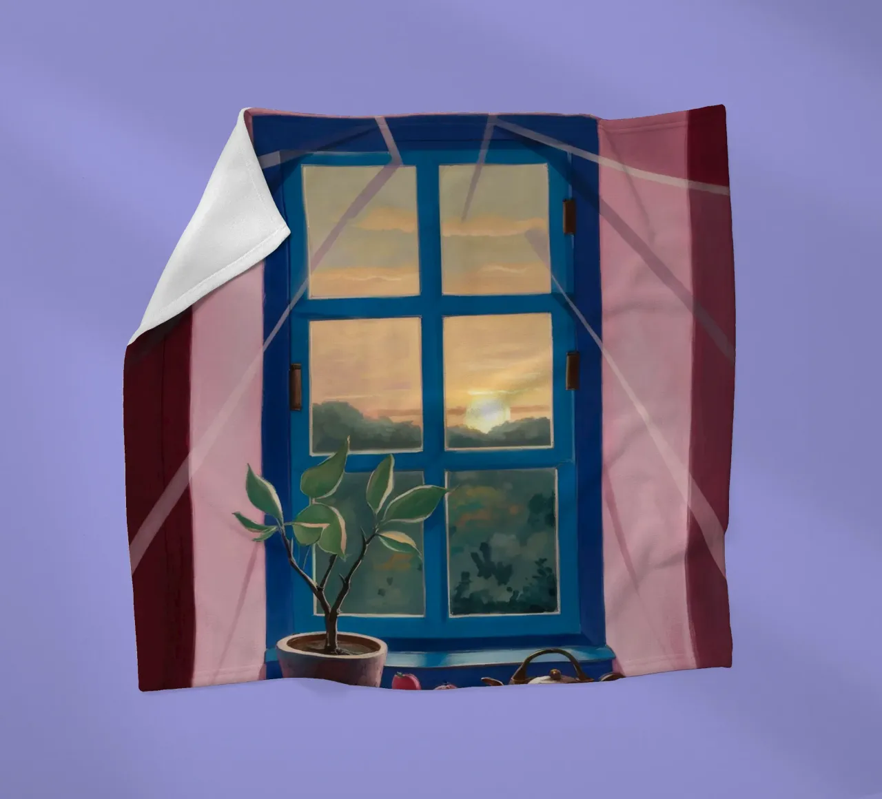 Tee bei Sonnenuntergang am Fenster Fleecedecke von Pan Denim