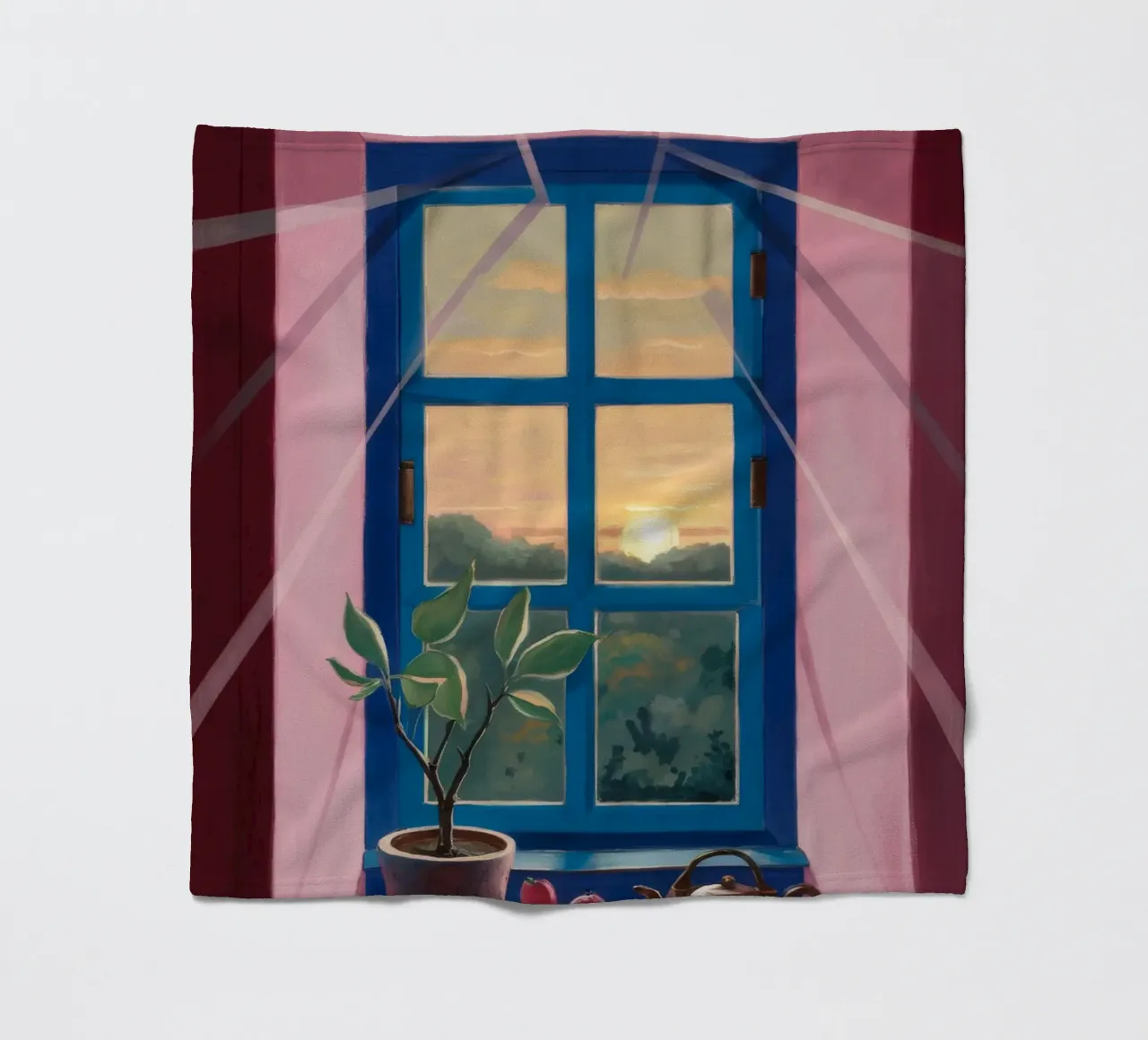 Tee bei Sonnenuntergang am Fenster Fleecedecke von Pan Denim
