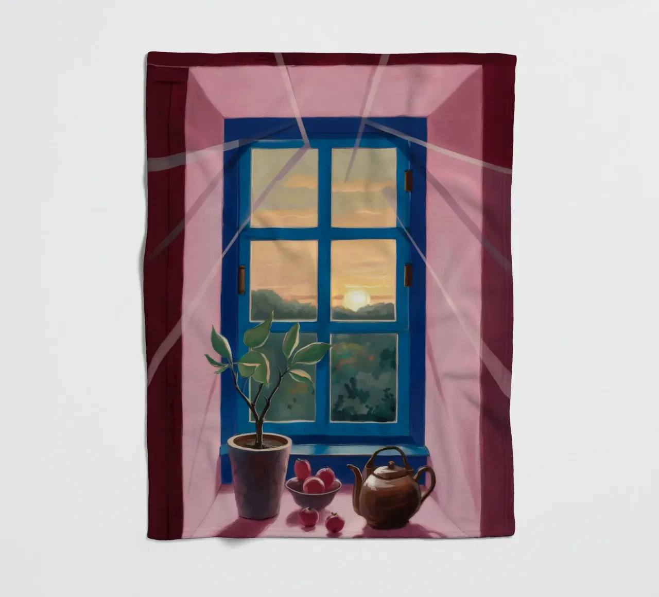 Tee bei Sonnenuntergang am Fenster Fleecedecke von Pan Denim