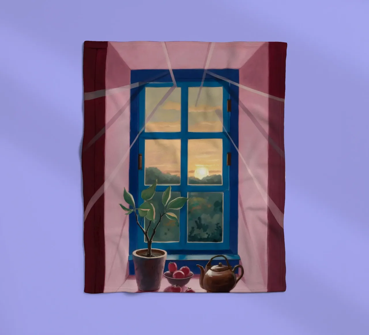 Tee bei Sonnenuntergang am Fenster Fleecedecke von Pan Denim