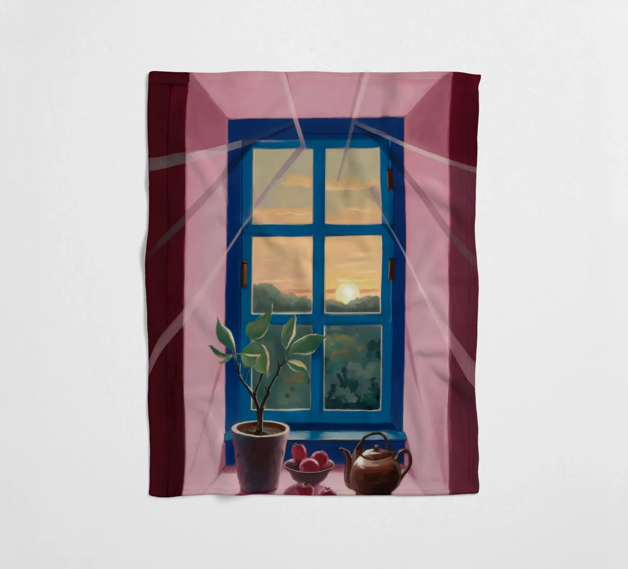 Tee bei Sonnenuntergang am Fenster Fleecedecke von Pan Denim