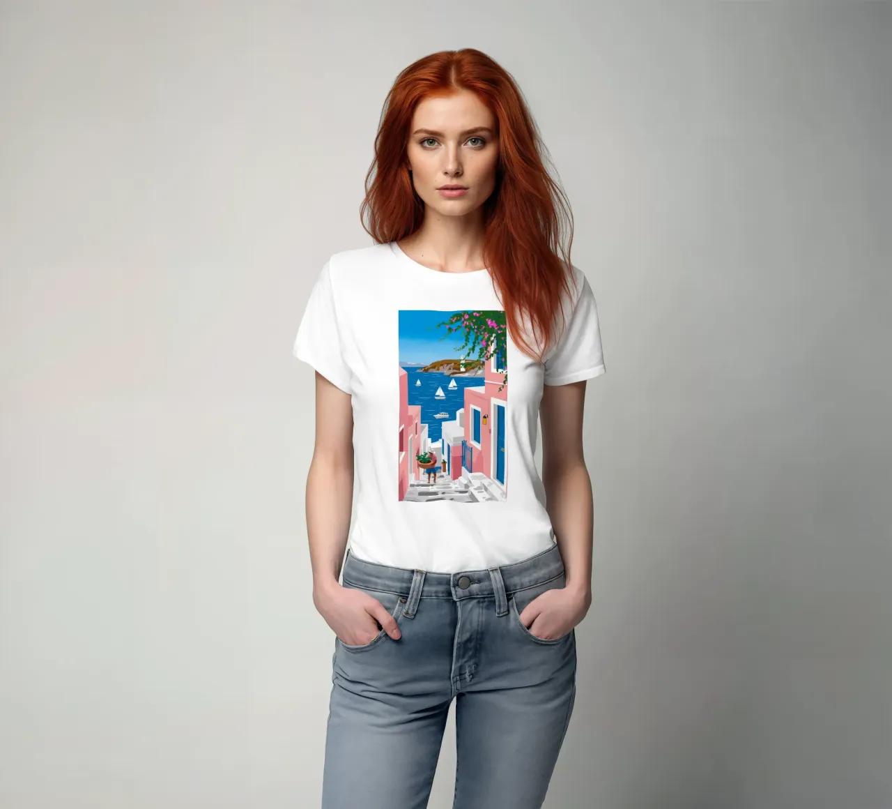Vista sul mare di Santorini t-shirt da Haven Fantasy
