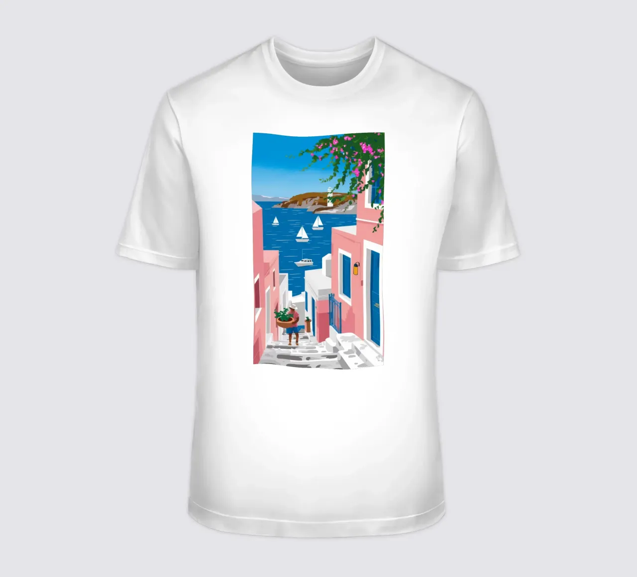Vista sul mare di Santorini t-shirt da Haven Fantasy