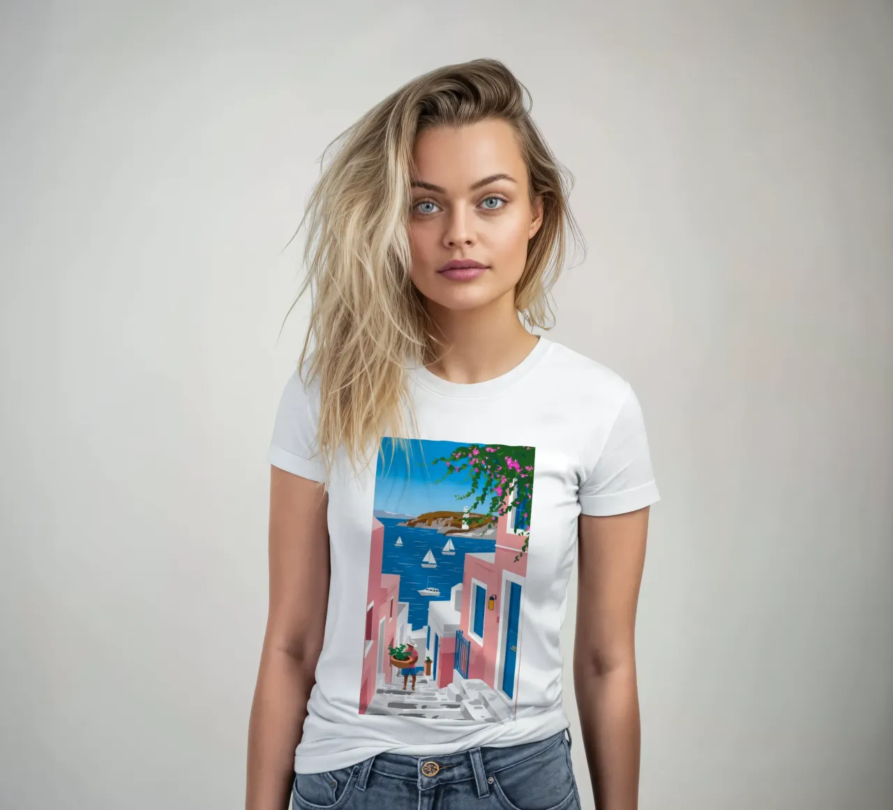 Santorini Seaside Vista women's fitted t-shirt by Haven Fantasy