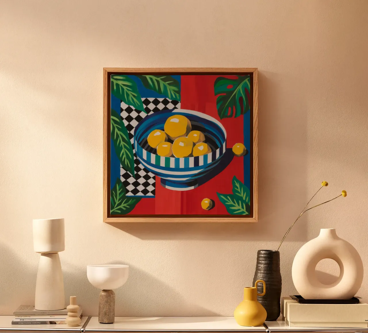 Karmozijnrode citrusvruchten canvas met Baklijst van Dawn Light