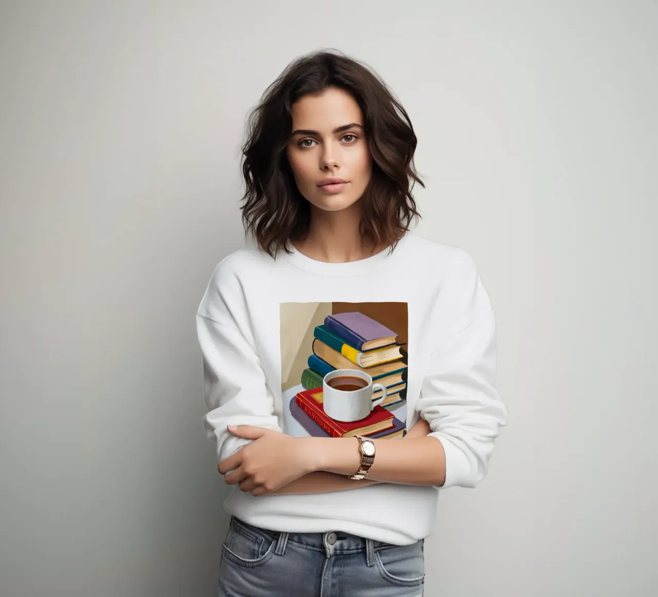 Coffee Book Stack sweatshirt by Pan Denim